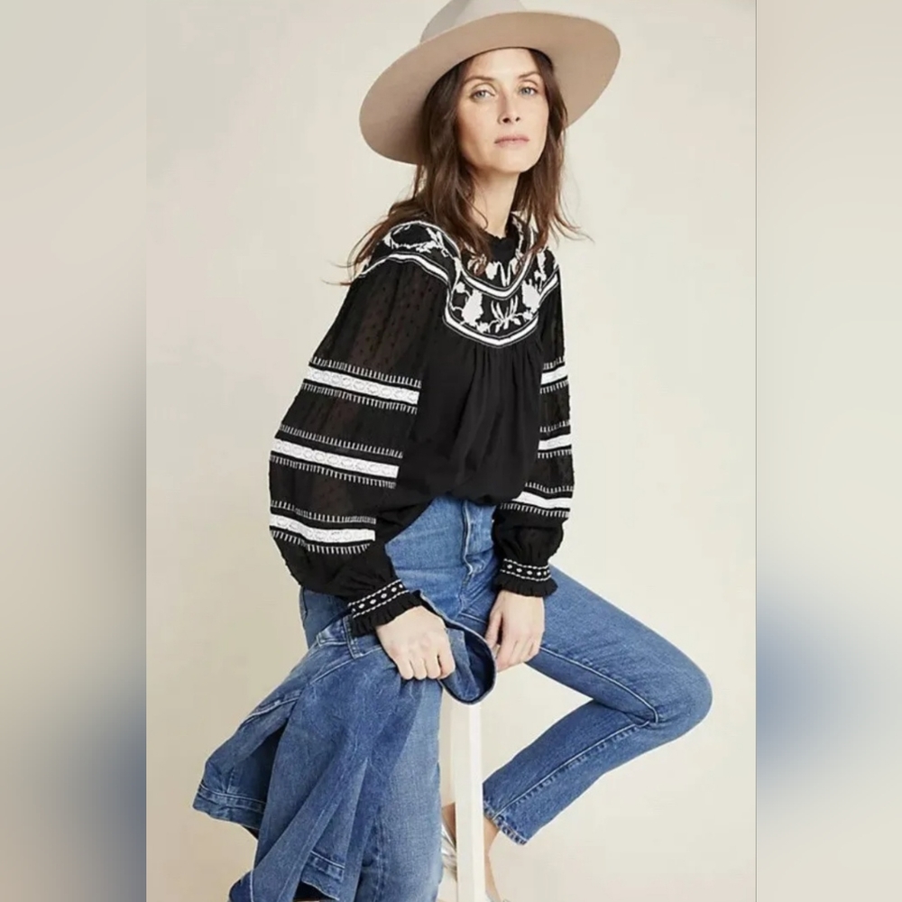 Maeve by Anthropologie - Winona Lace Top - Black/White - Size XSP